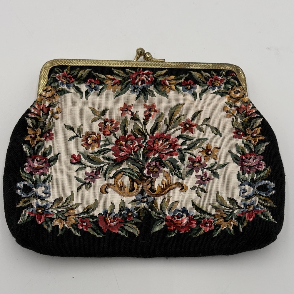 Vintage Floral Embroidered Needlepoint Clutch
